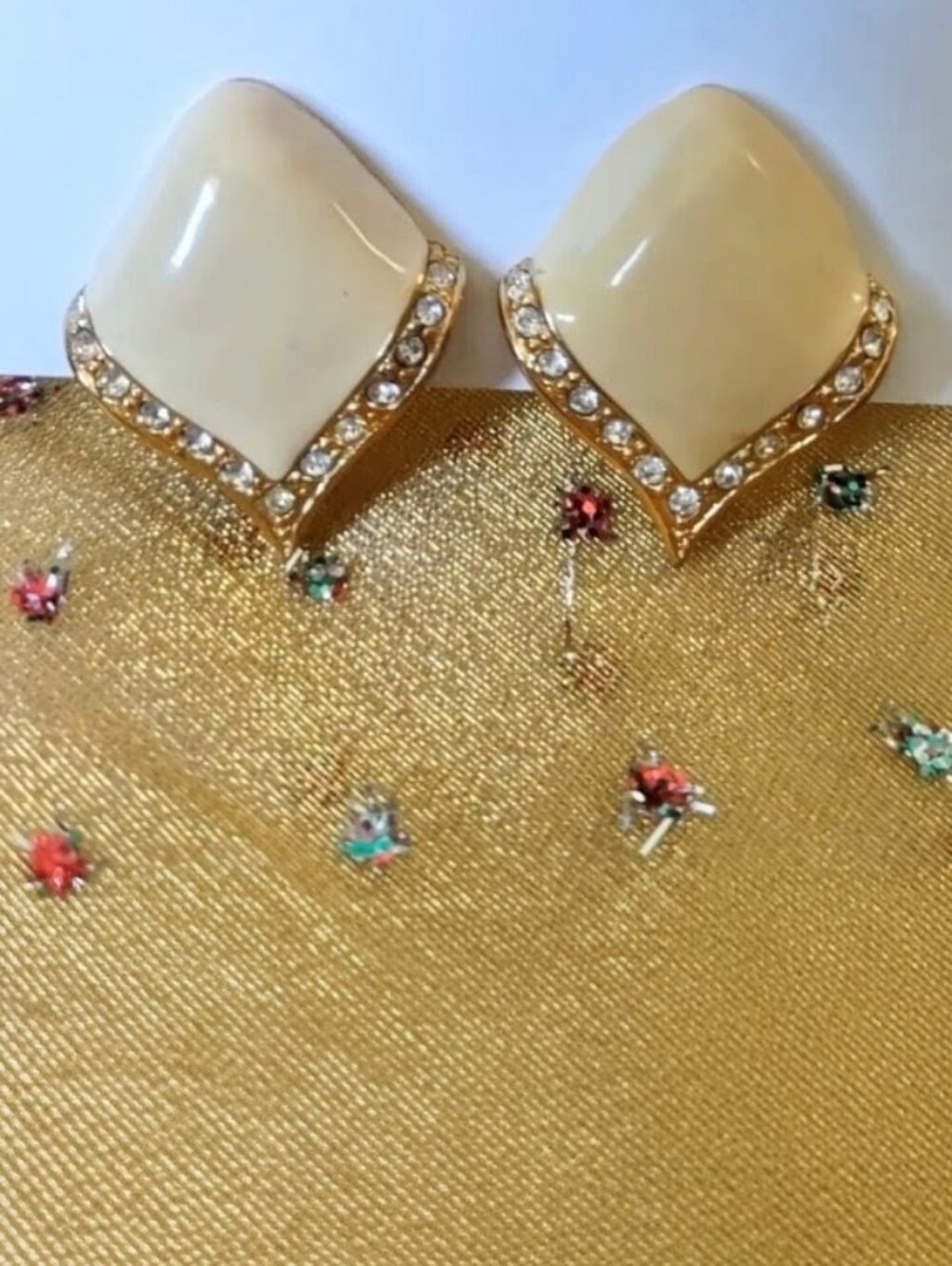 Vintage Cream Enamel & Crystal Clip Earrings